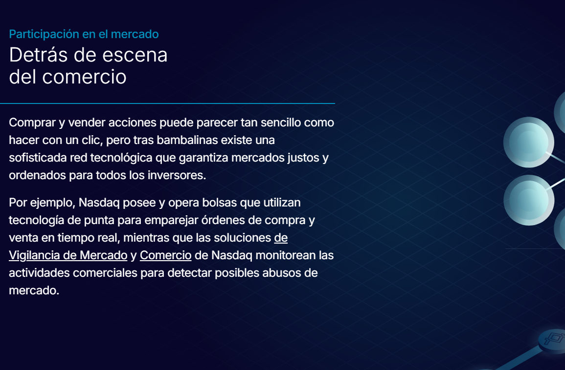Participación en el mercado Comprar y vender acciones puede parecer tan sencillo como hacer con un un clic, pero tras bambalinas existe una sofisticada red tecnológica